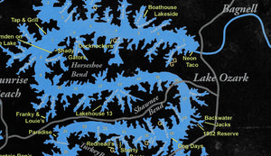 Fun on the Water Lake of the Ozarks Black Reverse with Mile Markers and Cove Names Restaurants, Bars and Gas.