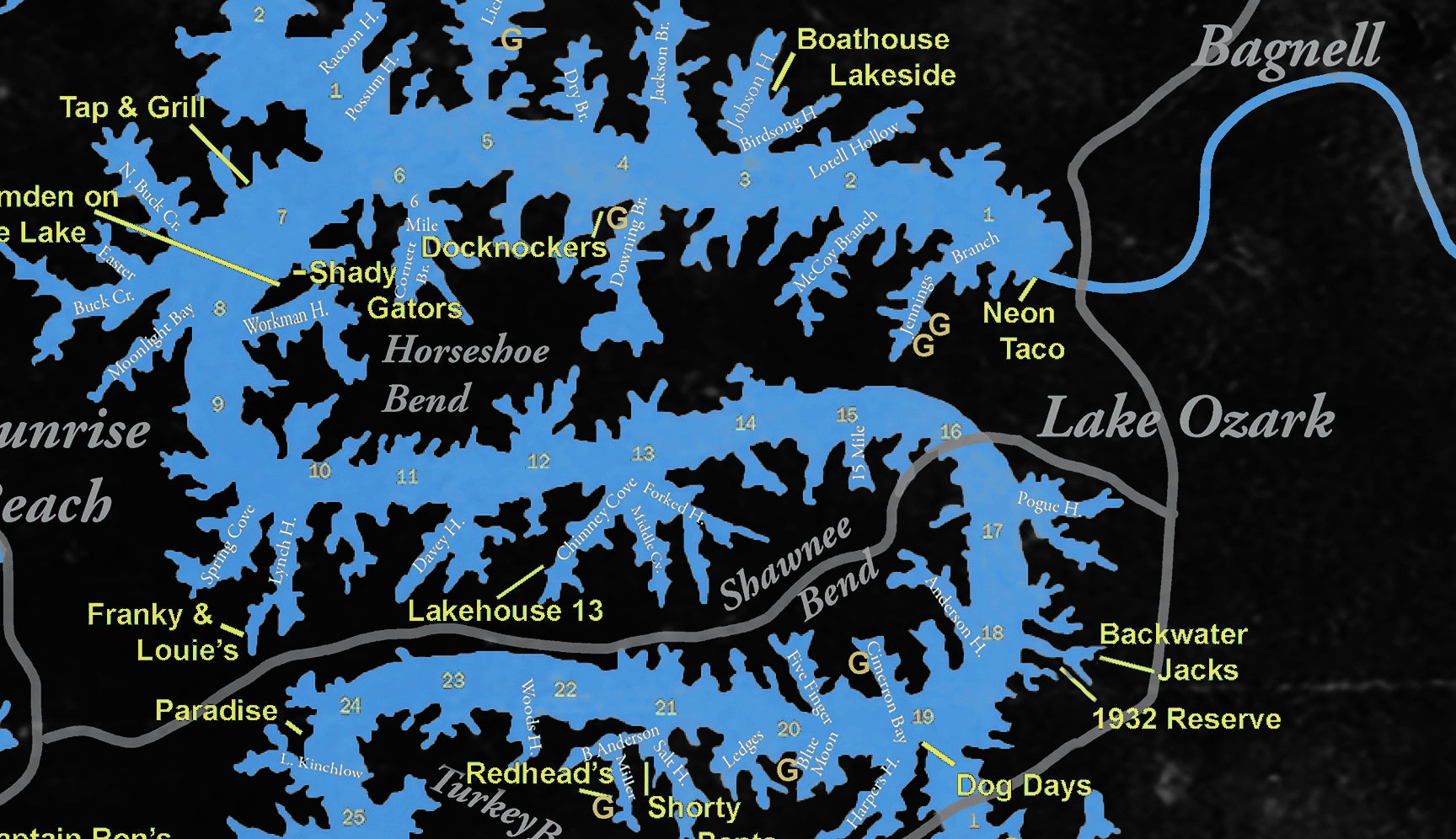 Fun on the Water Lake of the Ozarks Black Reverse with Mile Markers and Cove Names Restaurants, Bars and Gas.
