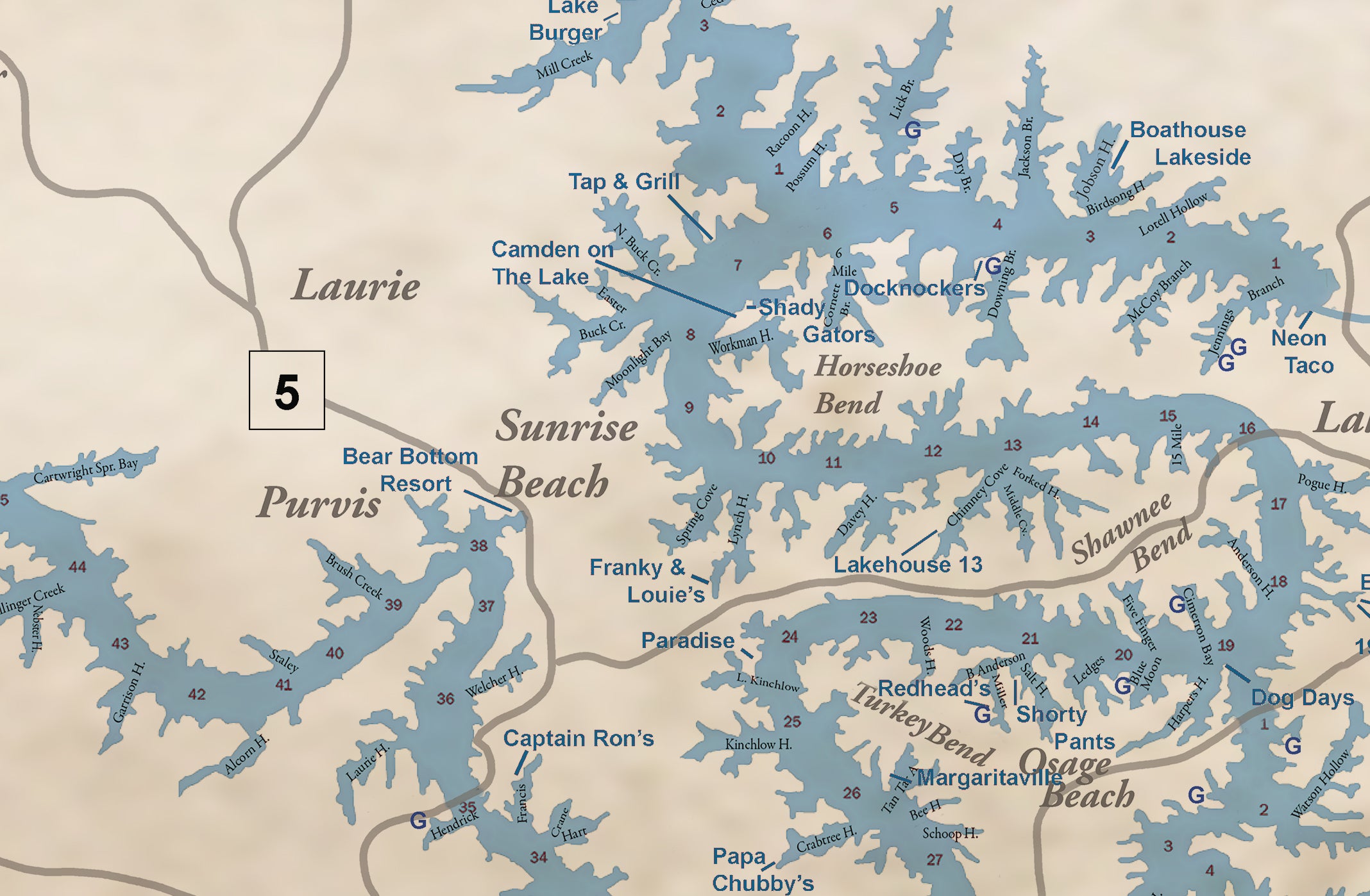 Fun on the Water Lake of the Ozarks Old West Style Map with Mile Markers and Cove Names Restaurants, Bars and Gas.