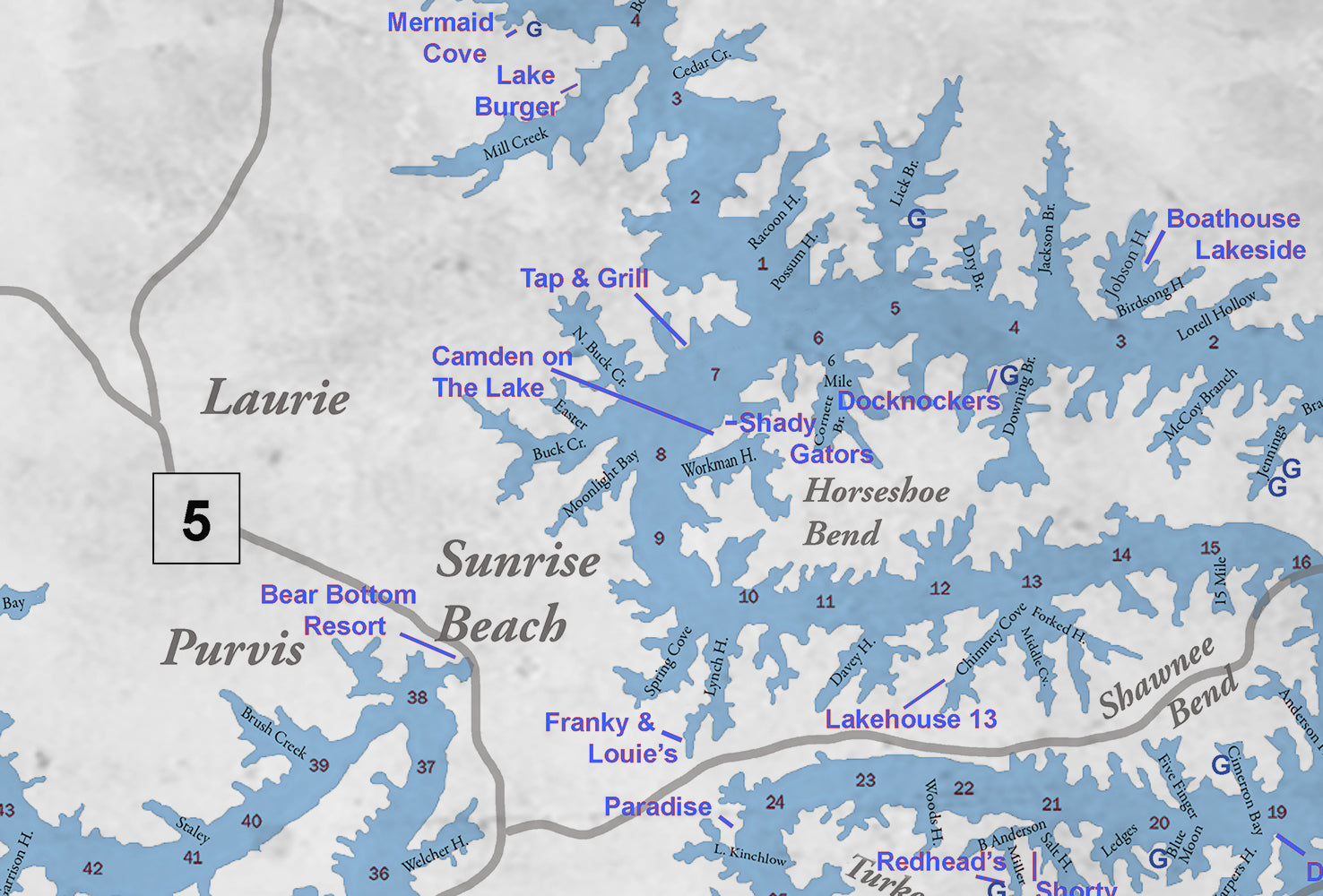 Fun on the Water Lake of the Ozarks Classic Gray Style Map with Mile Markers and Cove Names Restaurants, Bars and Gas.