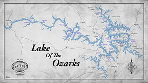 Fun on the Water Lake of the Ozarks Classic Gray Style Map with Mile Markers and Cove Names Restaurants, Bars and Gas.