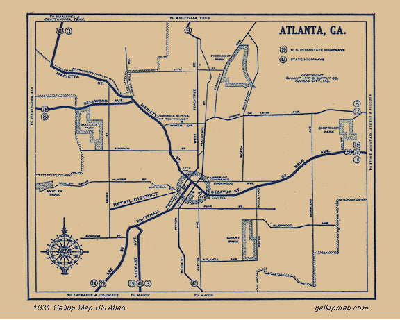 Antique/ Vintage Atlanta Georgia Map dated 1931