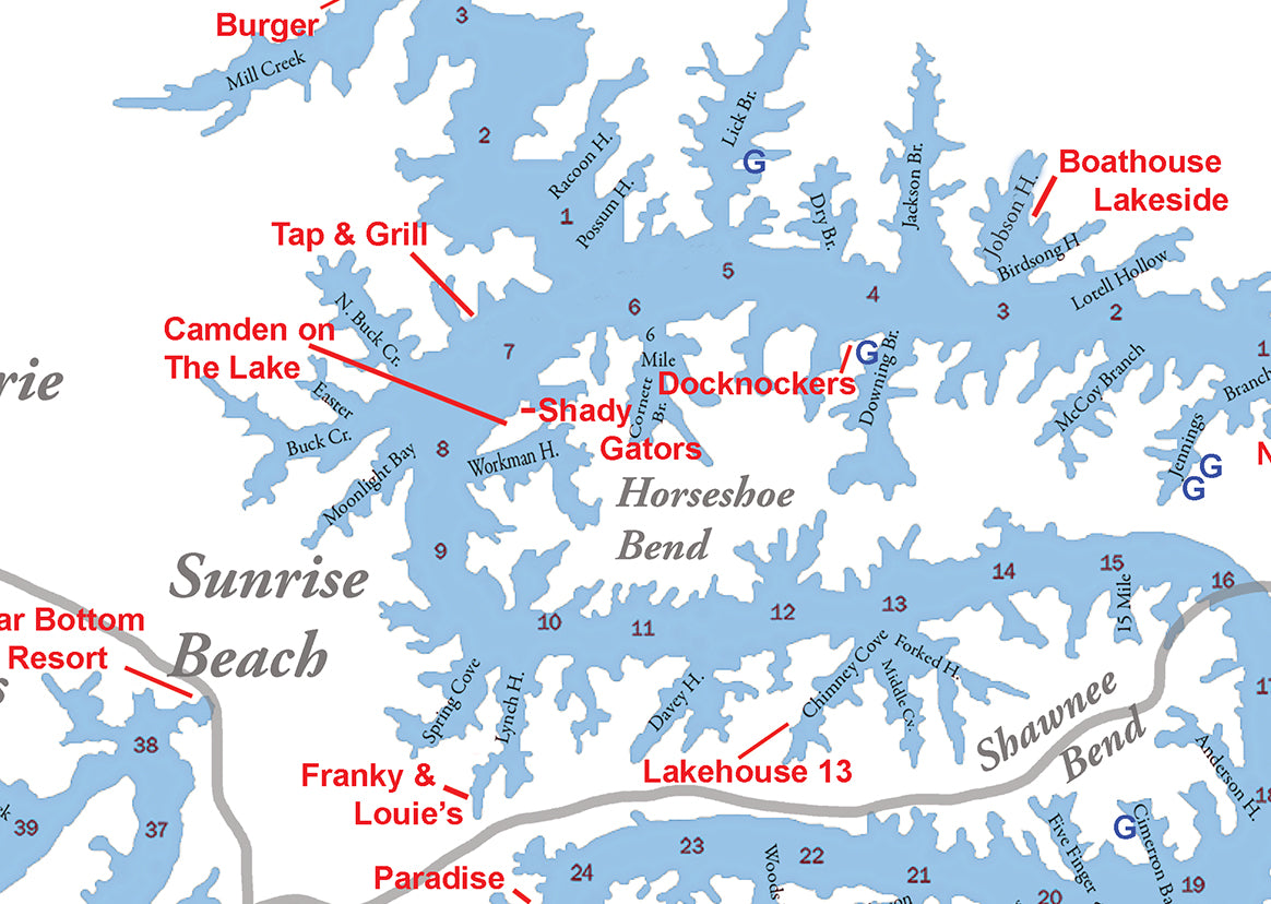 Lake of the Ozarks Chart for the Boat with Bars, Restaurants and Gas