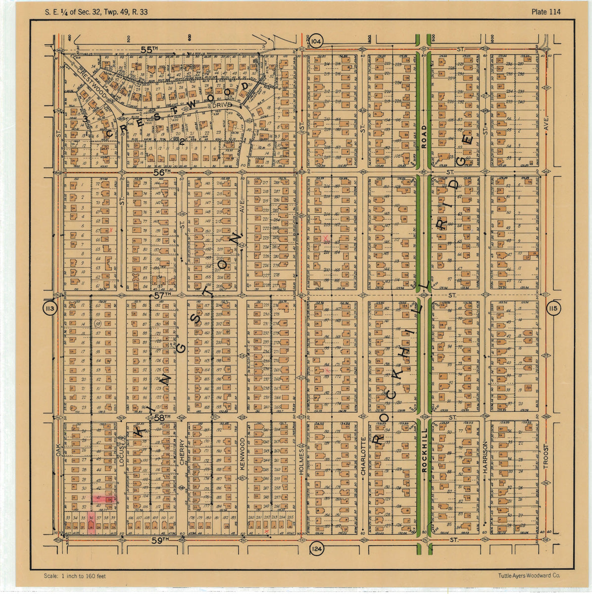Kansas City 1925 Neighborhood Map - Plate #114 55th-59th Oak-Troost