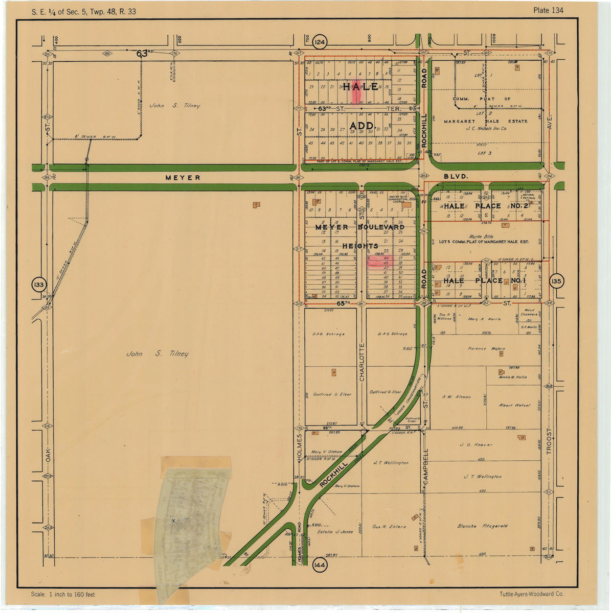 Kansas City 1925 Neighborhood Map - Plate #134 63rd-66th Oak-Troost