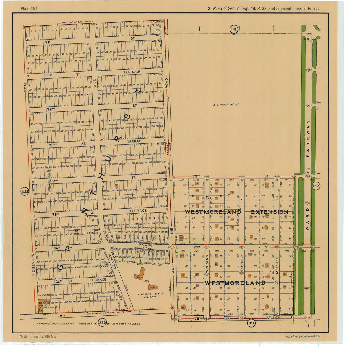 Kansas City 1925 Neighborhood Map - Plate #151 71st-75th Ridgeview-Ward Pkwy