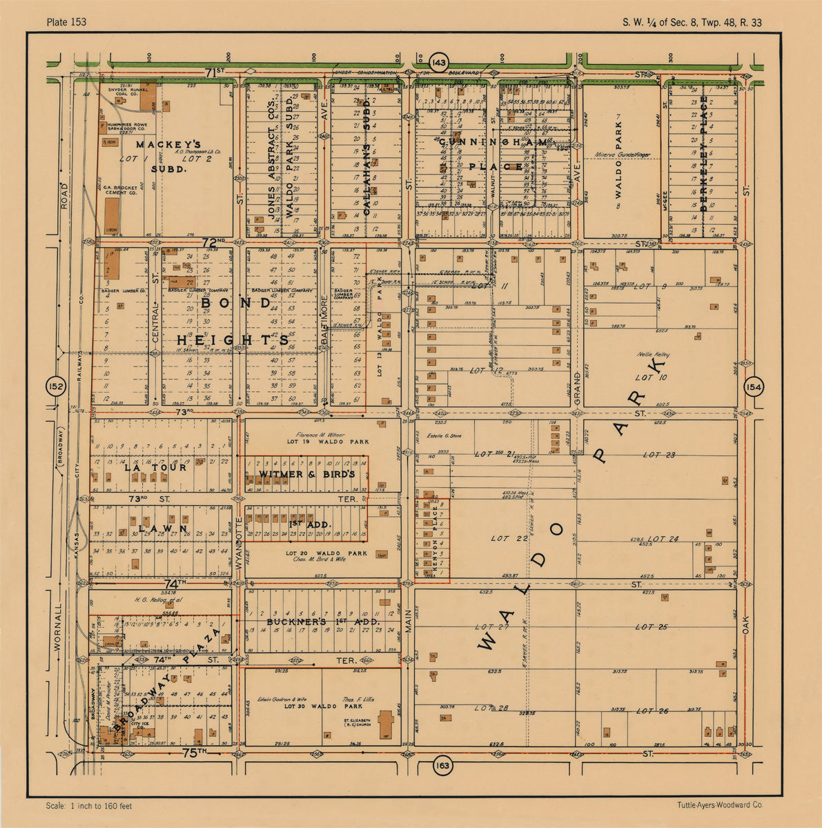 Kansas City 1925 Neighborhood Map - Plate #153 71st-75th Wornall-Oak