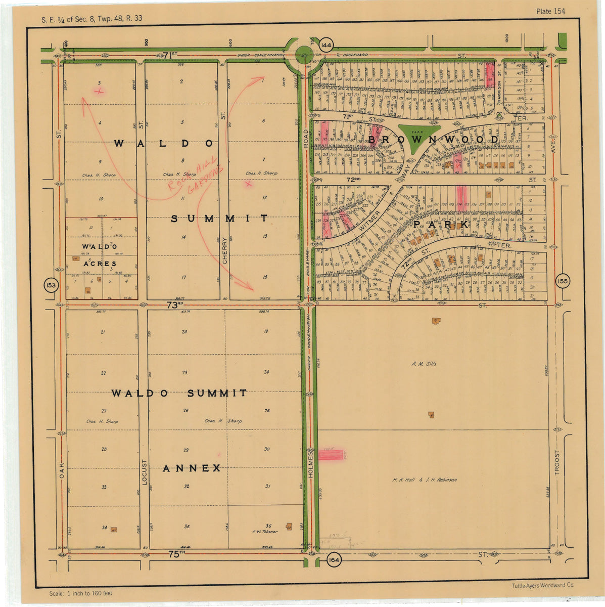 Kansas City 1925 Neighborhood Map - Plate #154 71st-75th Oak-Troost