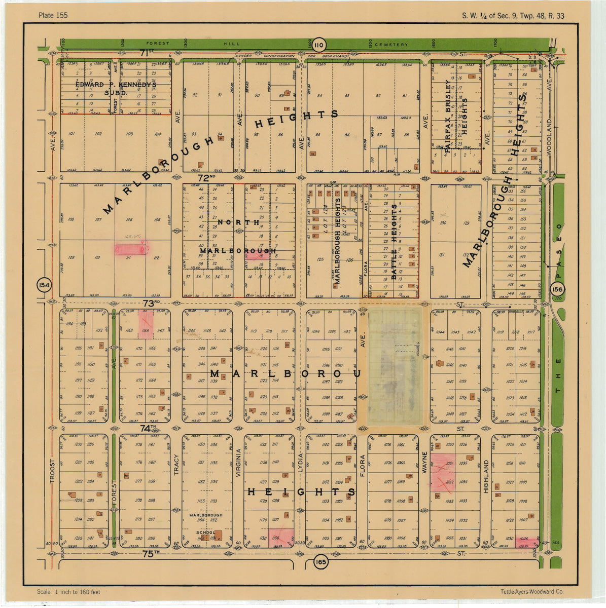 Kansas City 1925 Neighborhood Map - Plate #155 71st-75th Troost-Woodland