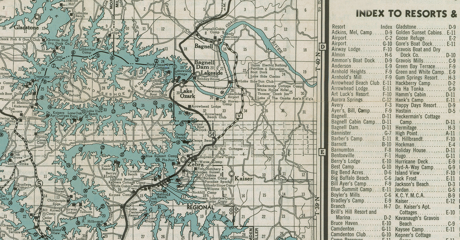 Lake of the Ozarks Original Map dated 1935 Resorts, camps, lodges, clubs and more.
