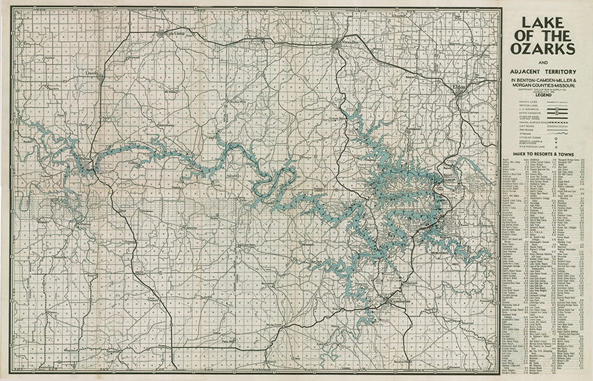 Lake of the Ozarks Original Map dated 1935 Resorts, camps, lodges, clubs and more.