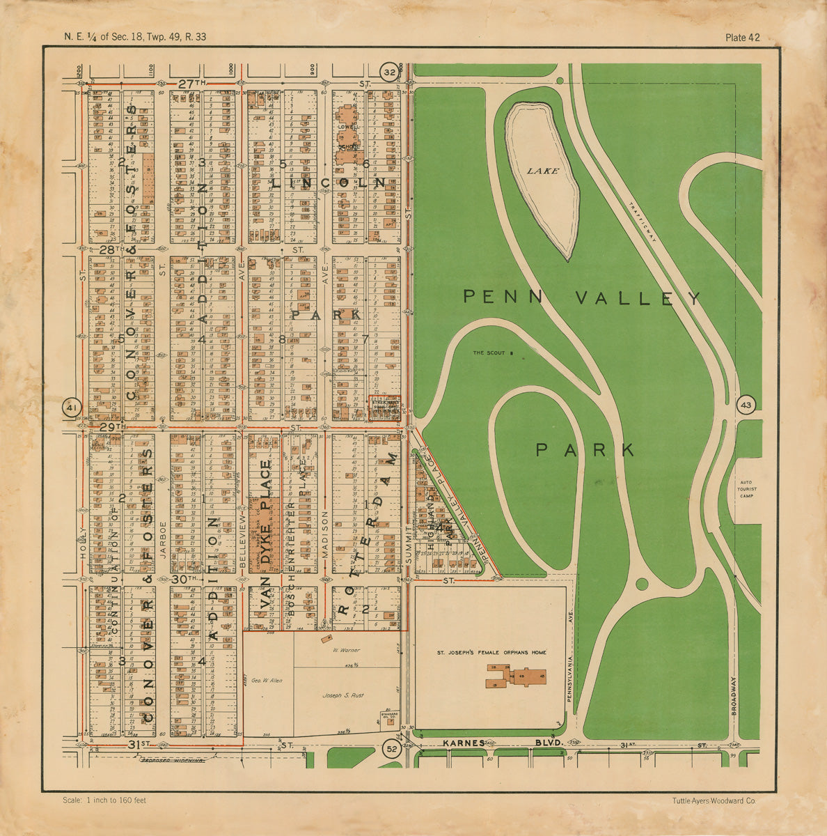 Kansas City 1925 Neighborhood Map - Plate #42 27th-31st-Holly-Broadway