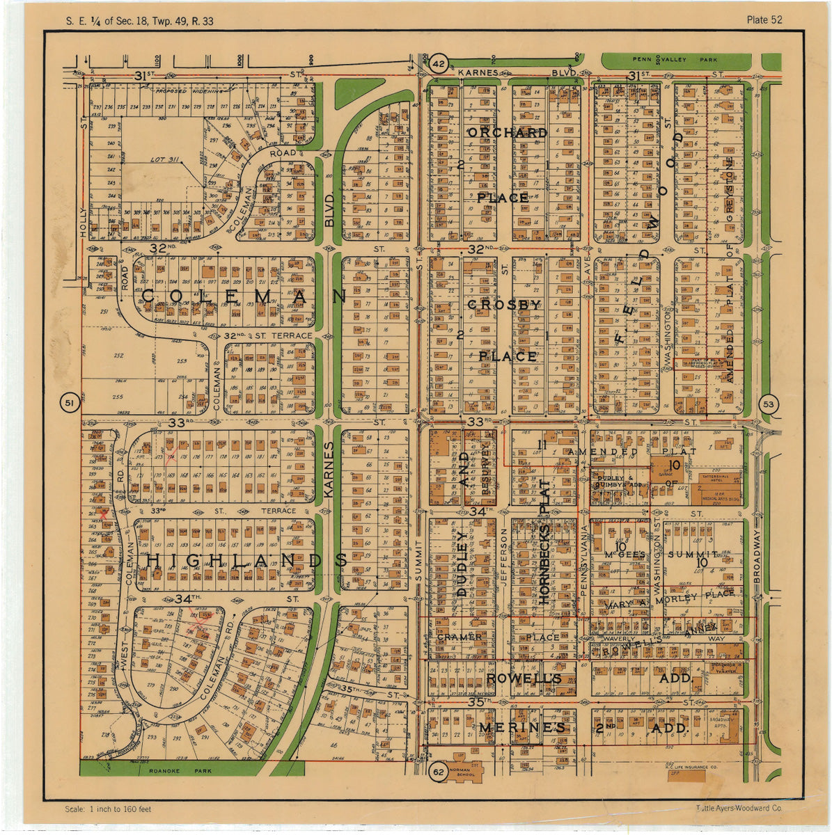 Kansas City 1925 Neighborhood Map - Plate #52 31st-35th Holly-Broadway