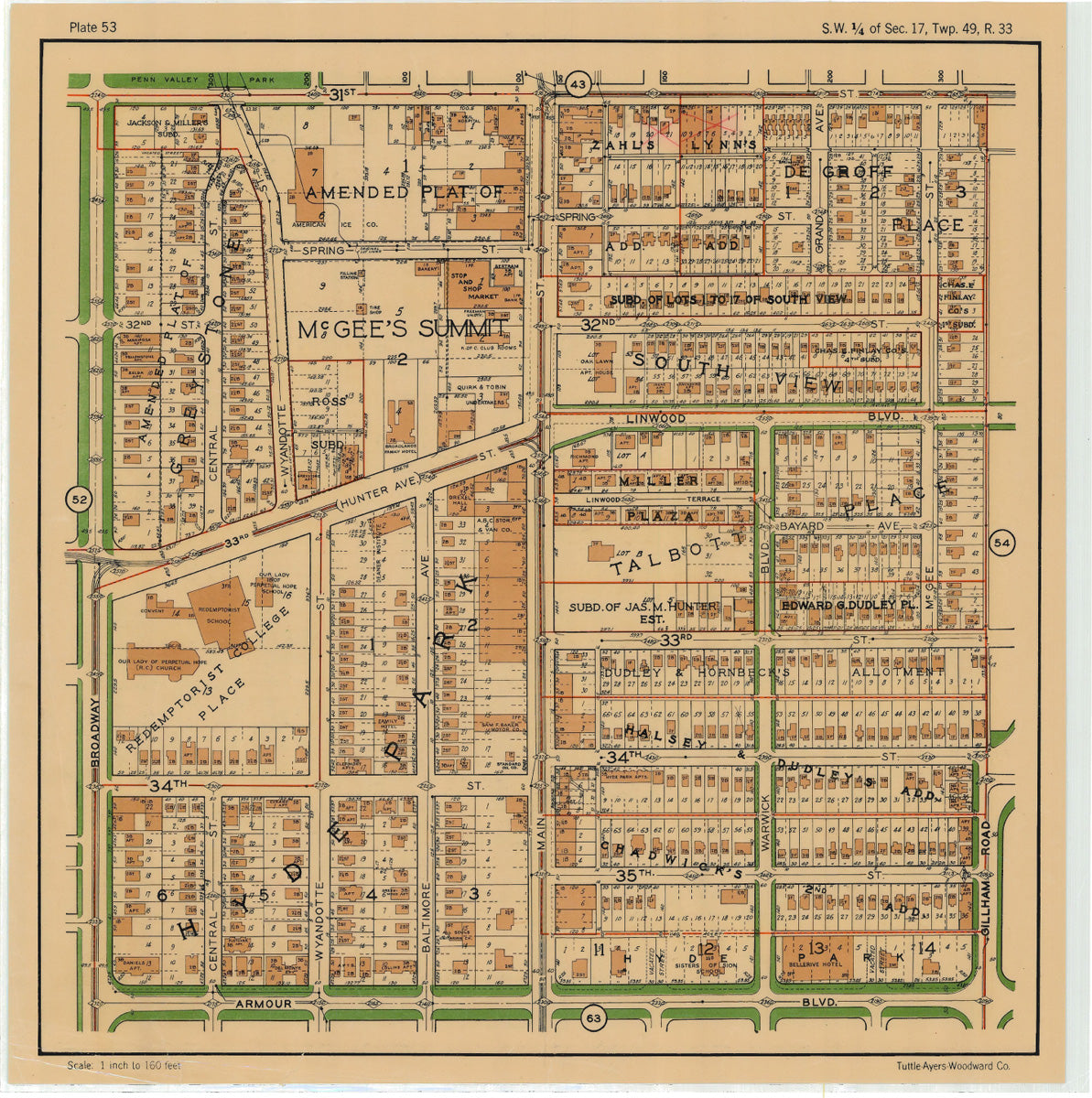 Kansas City 1925 Neighborhood Map - Plate #53 31st-Armour Broadway-Gillham
