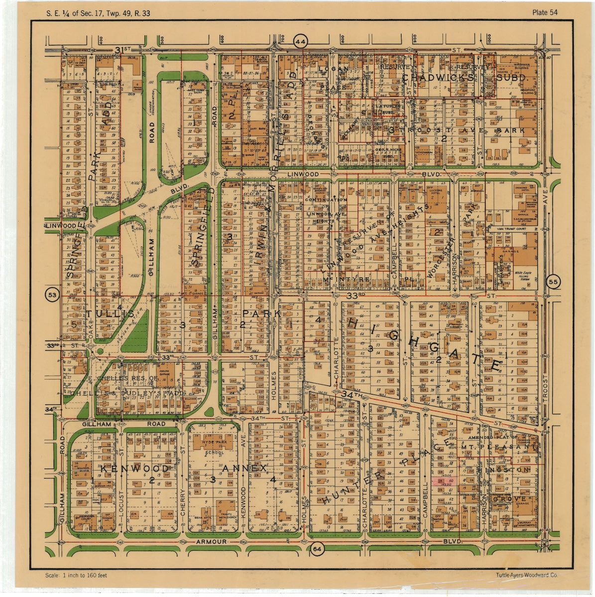 Kansas City 1925 Neighborhood Map - Plate #54 31st-Armour Gillham-Troost