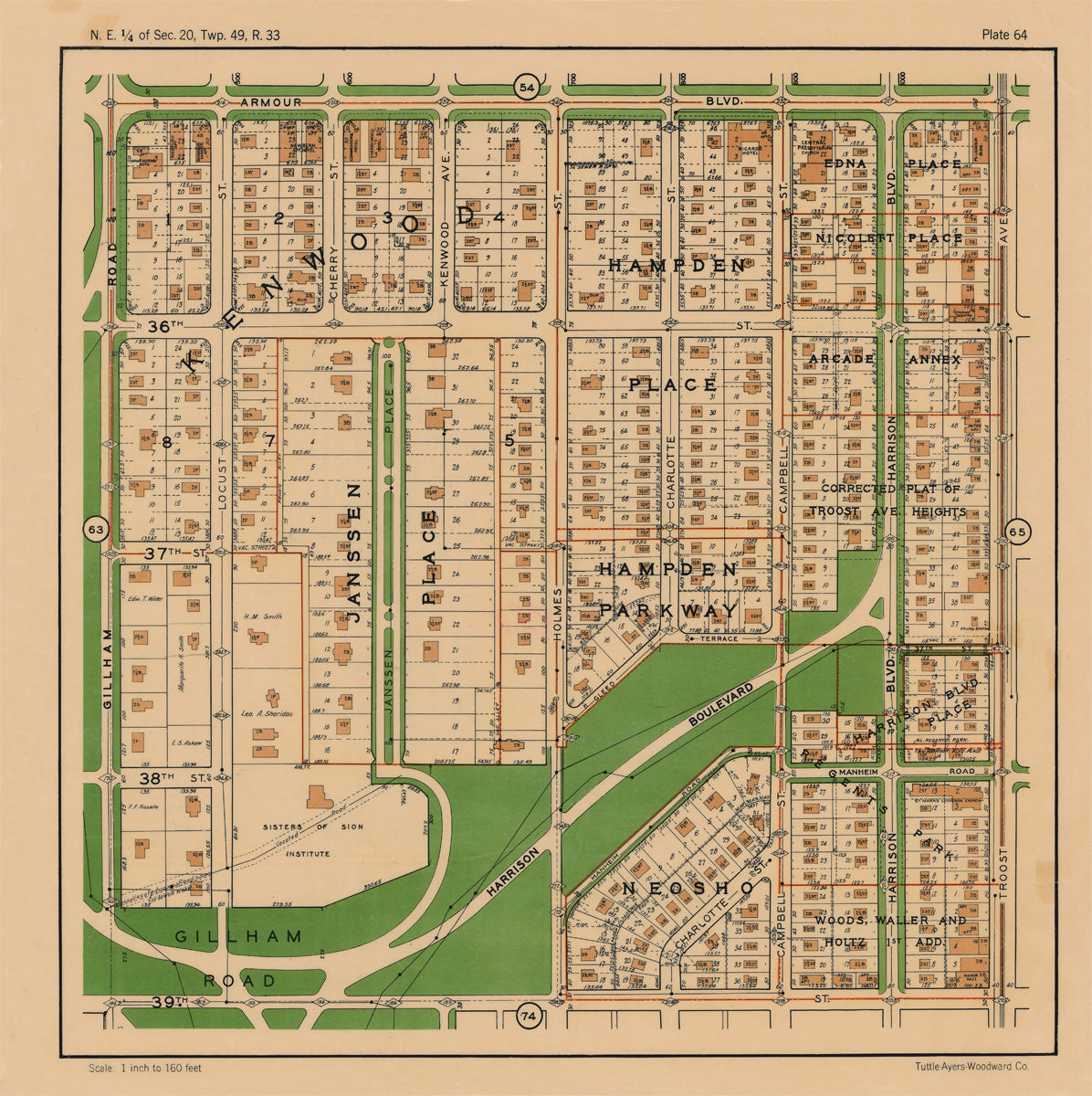 Kansas City 1925 Neighborhood Map - Plate #64 Armour-39th Gillham-Troost