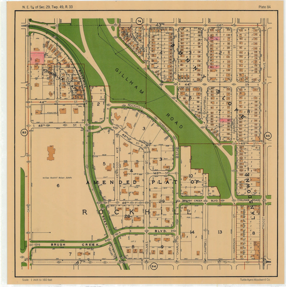 Kansas City 1925 Neighborhood Map - Plate #84 43rd-47th Oak-Troost