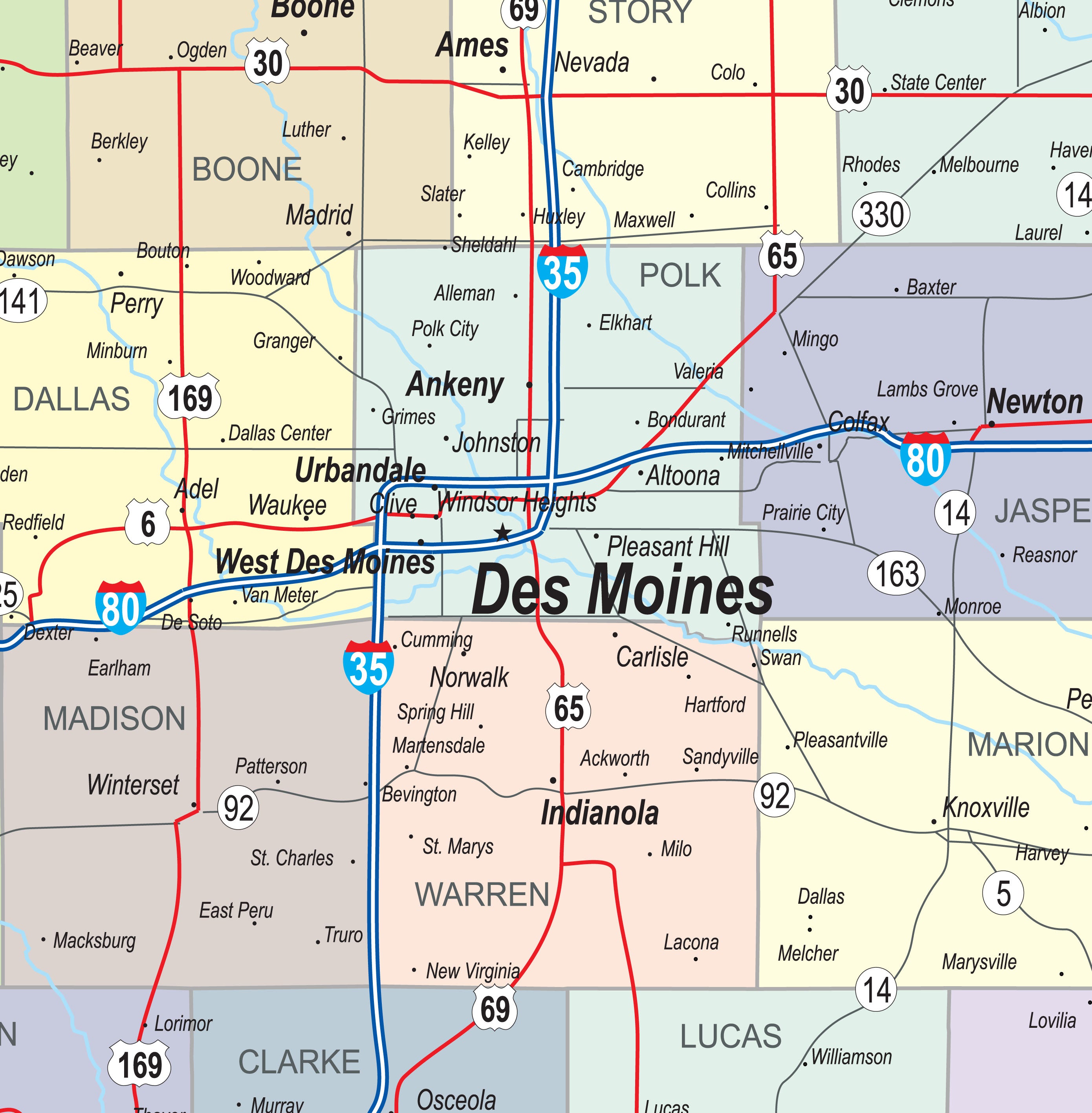Iowa Laminated Wall Map County and Town map With Highways