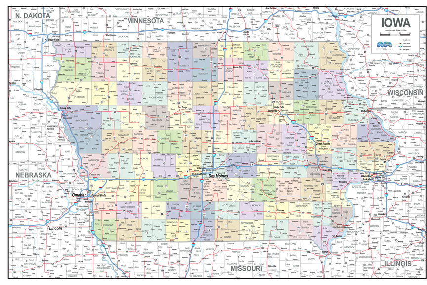 Iowa Laminated Wall Map County and Town map With Highways