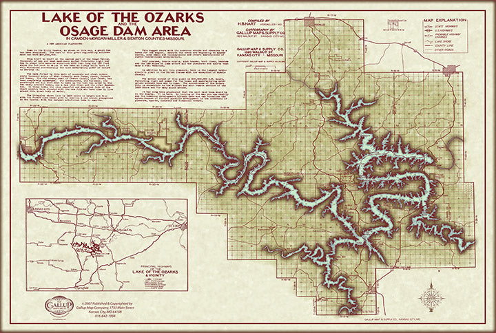 Vintage Lake of the Ozarks Original Map With Mile Markers and Cove Names.