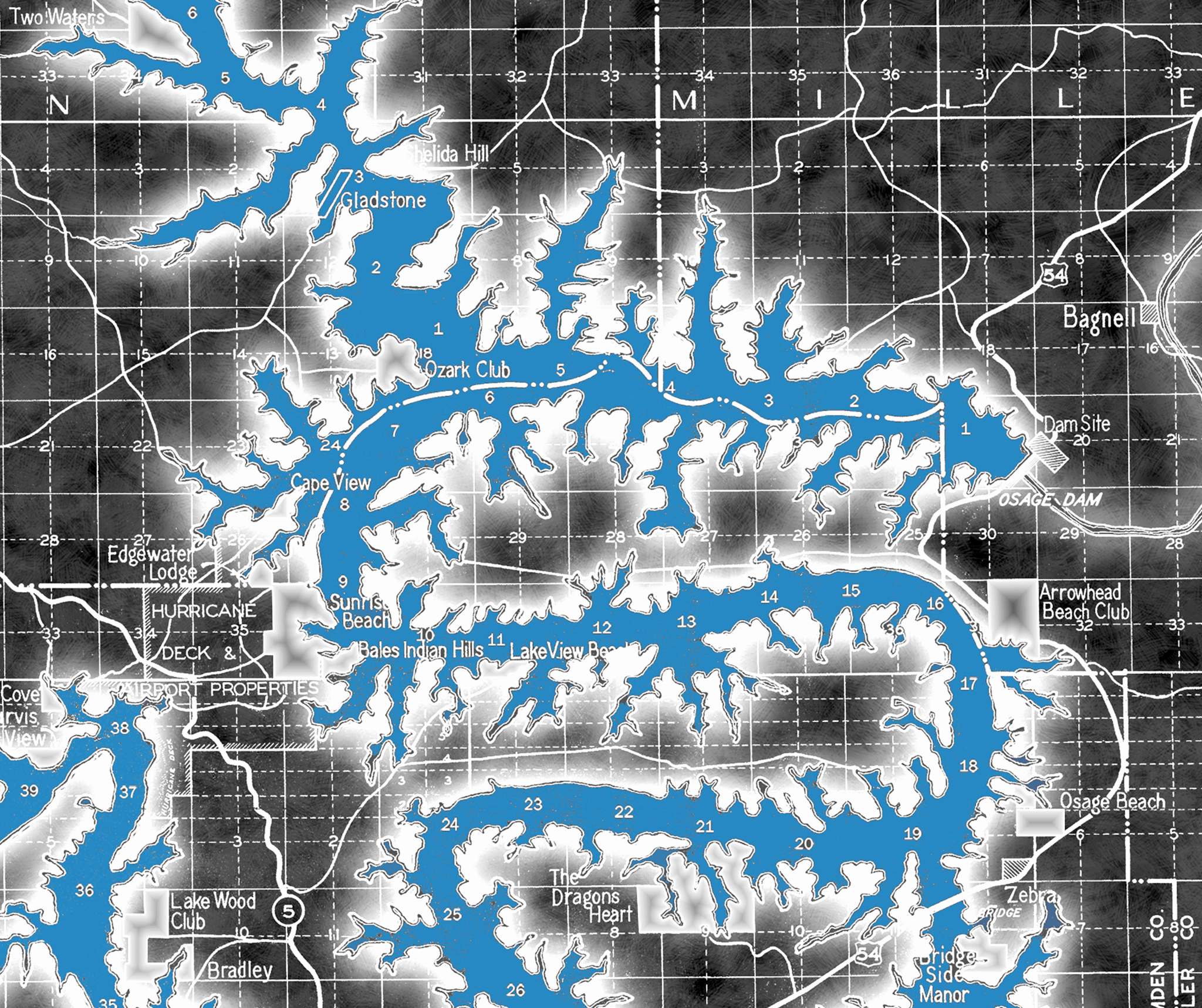 Vintage Lake of the Ozarks Map Brilliant Reverse with Cove Names and Mile Markers.