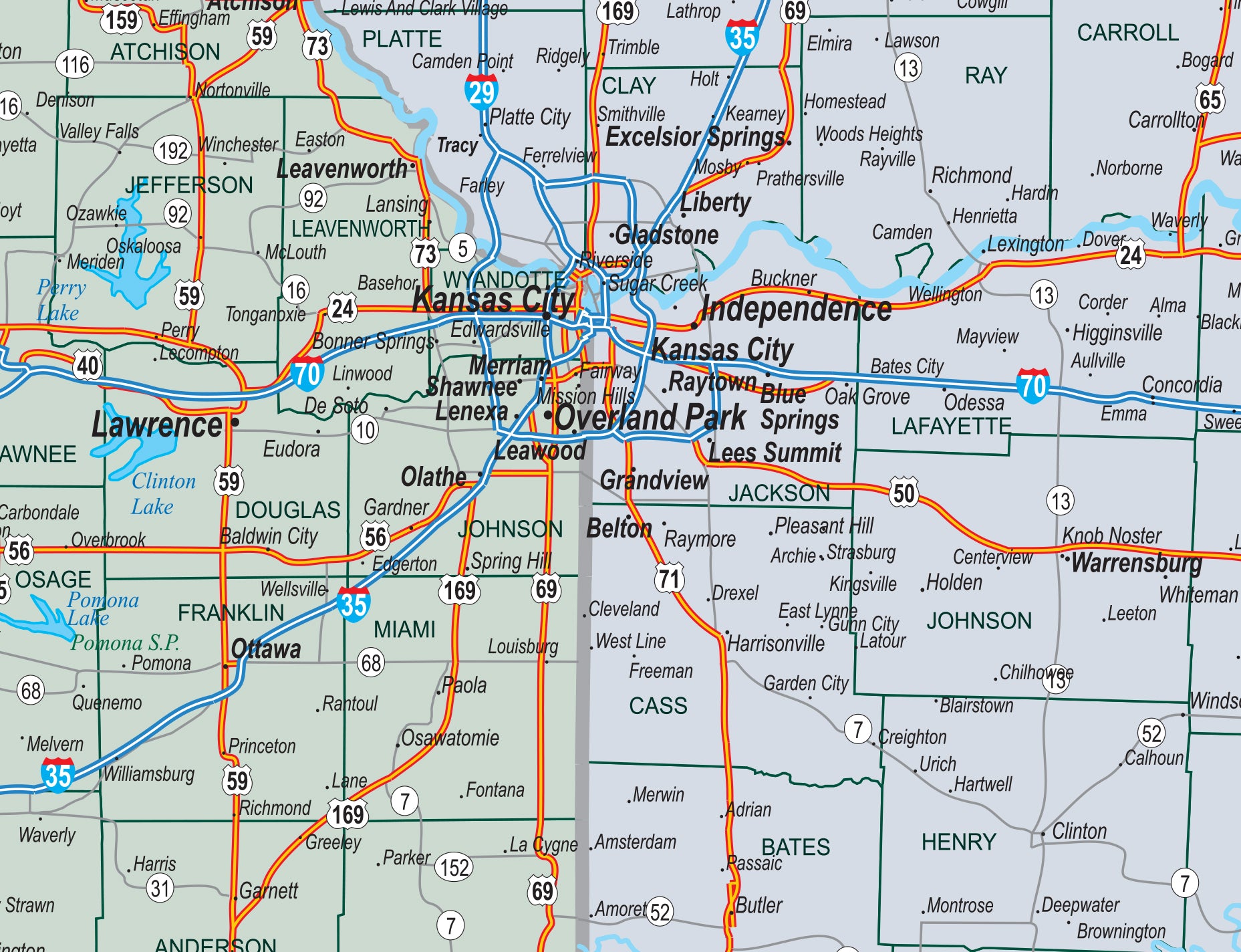 Four State Missouri Kansas Iowa Nebraska County Town Highway Map