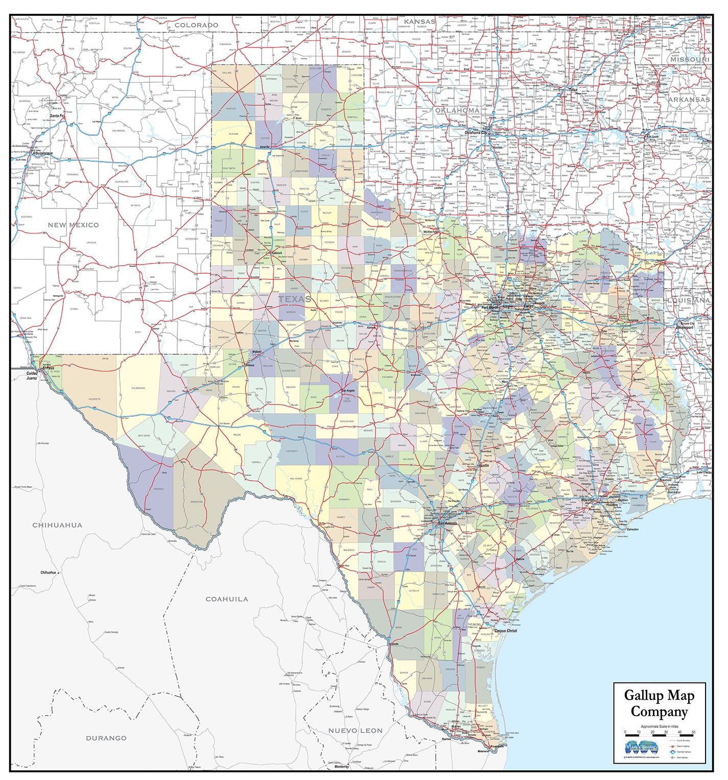 Texas Laminated Wall Map County and Town map With Highways
