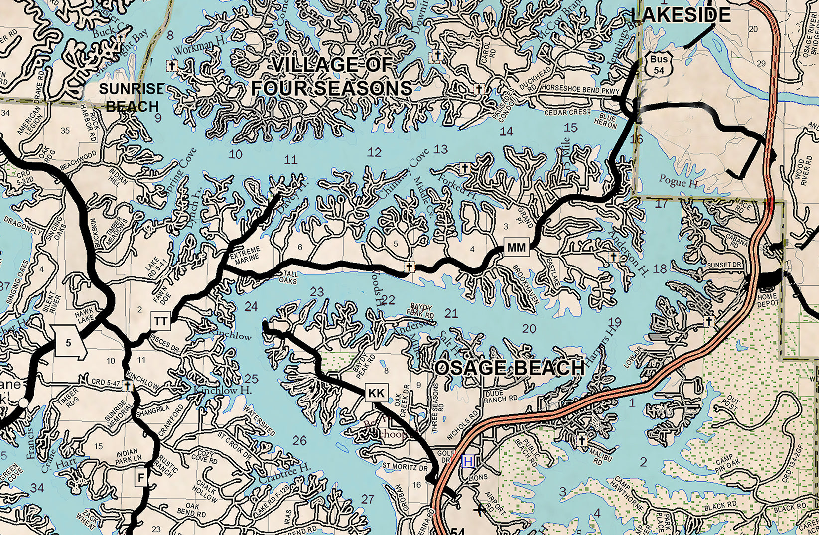 Lake of the Ozarks New and Old Combo Map Old West with Cove Names and Mile Markers