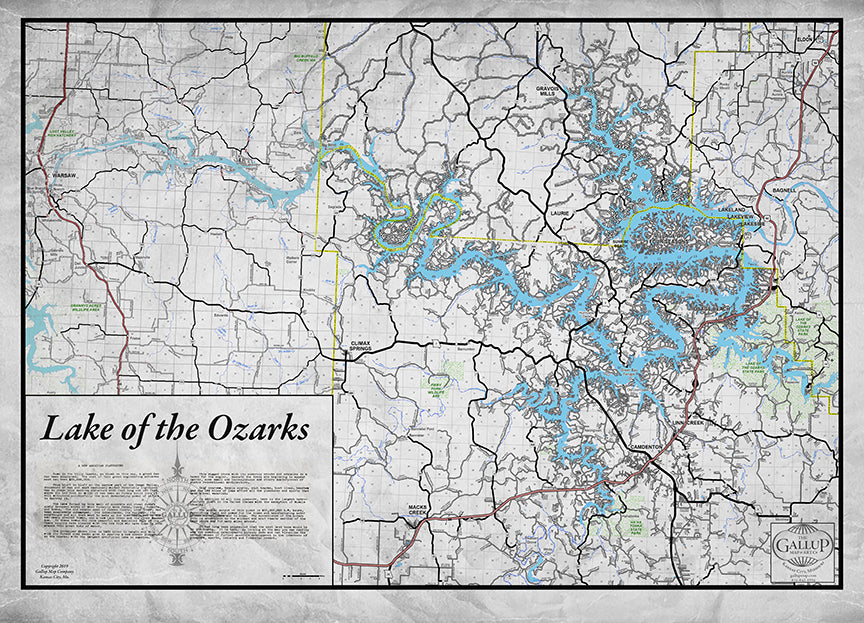 Lake of the Ozarks New and Old Combo Map Classic Gray with Cove Names and Mile Markers