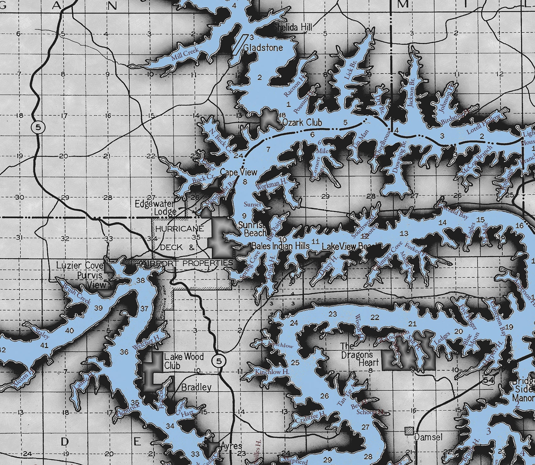 Vintage Lake of the Ozarks Map Decorator Gray Antique Blue Water with Mile Markers and Cove Names