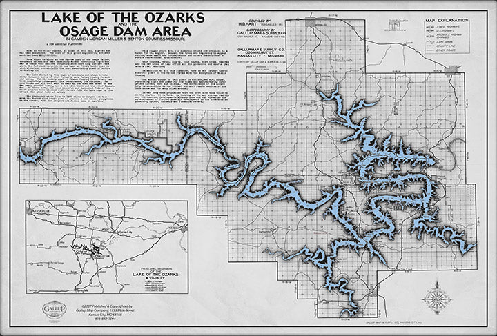 Vintage Lake of the Ozarks Map Decorator Gray Antique Blue Water with Mile Markers and Cove Names