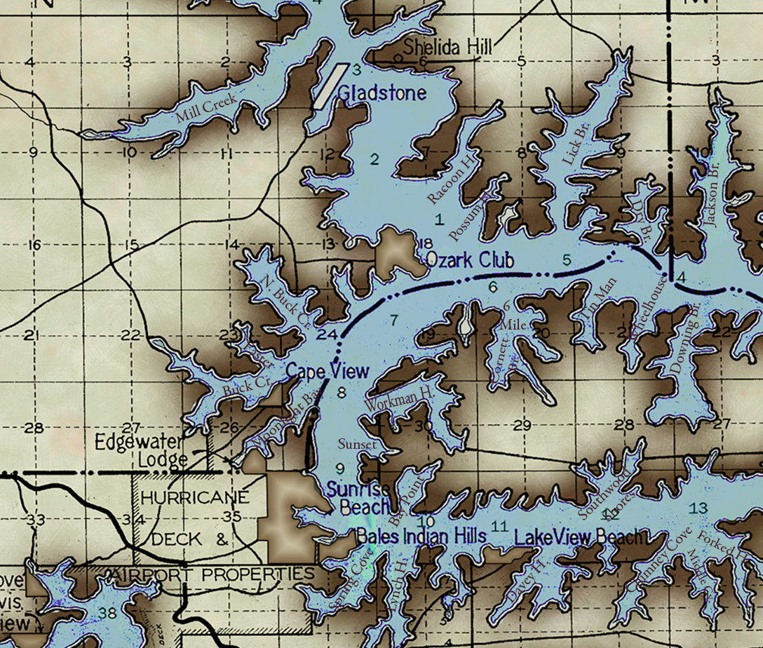Vintage Lake of the Ozarks Old West Style Map with Mile Markers and Cove Names.