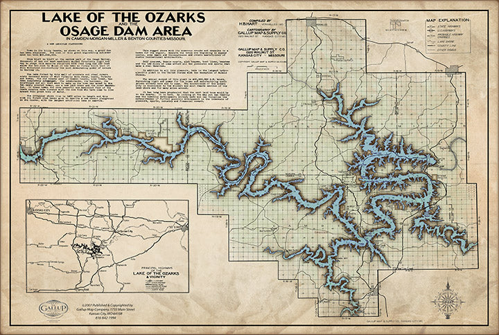 Vintage Lake of the Ozarks Old West Style Map with Mile Markers and Cove Names.