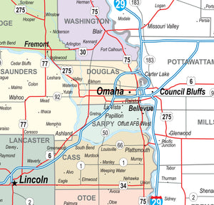 Nebraska Laminated Wall Map County and Town map With Highways