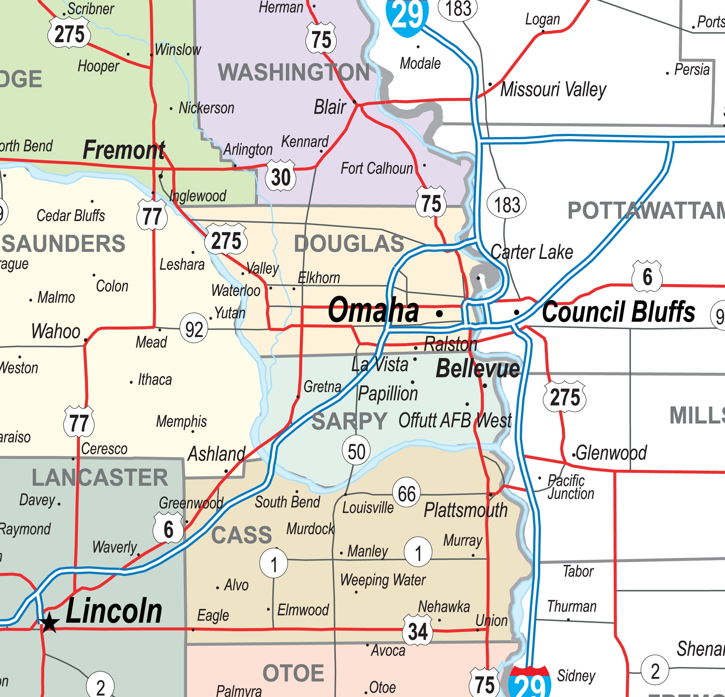 Nebraska Laminated Wall Map County and Town map With Highways