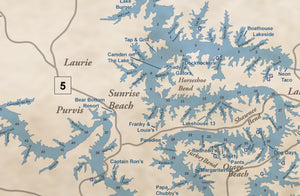 Fun on the Water Lake of the Ozarks Old West Style Map with Mile Markers and Cove Names Restaurants, Bars and Gas.