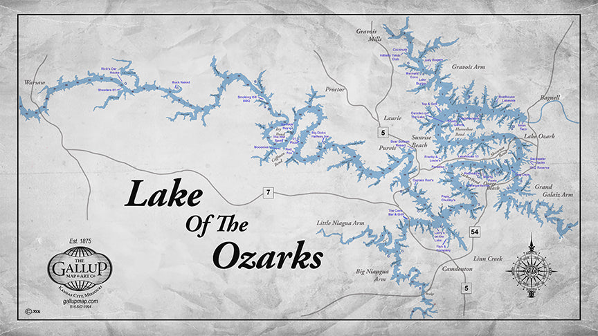 Fun on the Water Lake of the Ozarks Classic Gray Style Map with Mile Markers and Cove Names Restaurants, Bars and Gas.