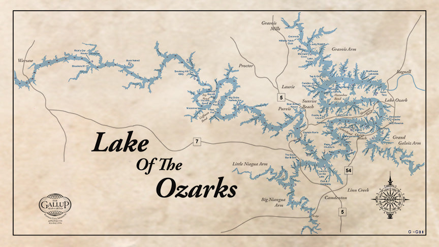 Fun on the Water Lake of the Ozarks Old West Style Map with Mile Markers and Cove Names Restaurants, Bars and Gas.