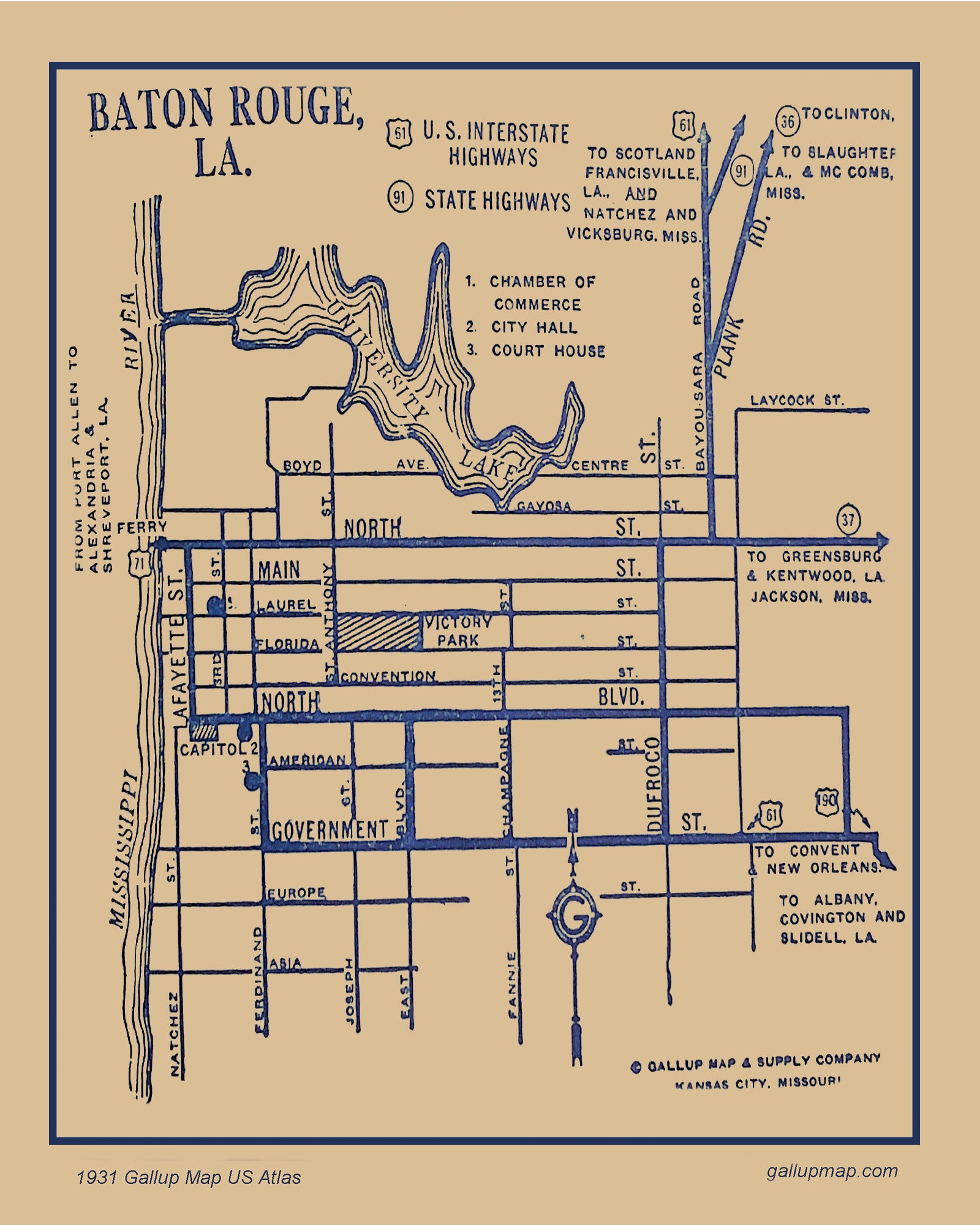Antique/ Vintage Baton Rouge Louisiana  Map dated 1931