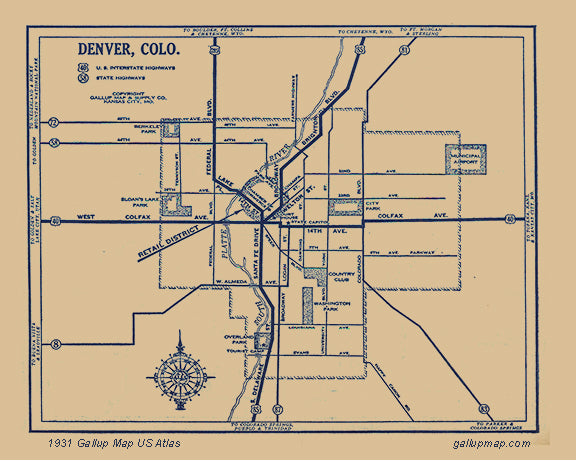 Antique/ Vintage Denver Colorado Map dated 1931