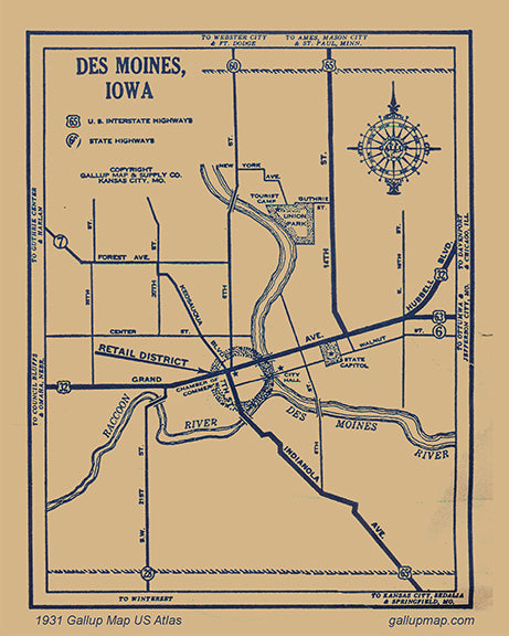 Antique/ Vintage Des Moines Iowa Map dated 1931