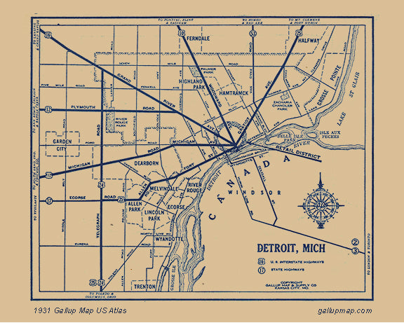 Antique/ Vintage Detroit Michigan Map dated 1931