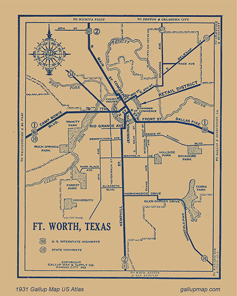 Antique/ Vintage Ft. Worth Texas Map dated 1931 - Gallup Map