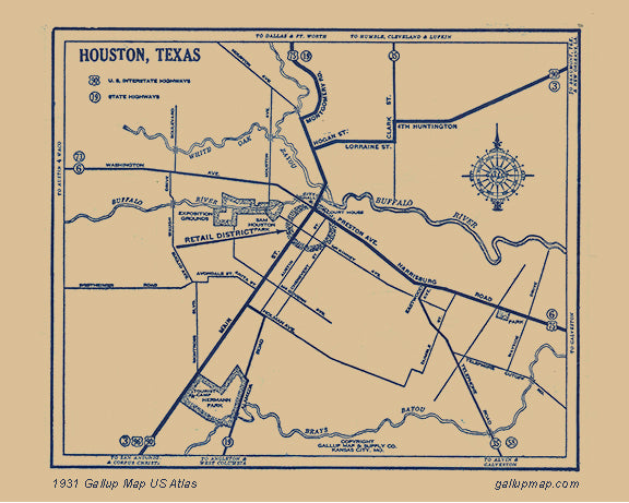 Antique/ Vintage Houston Texas Map dated 1931
