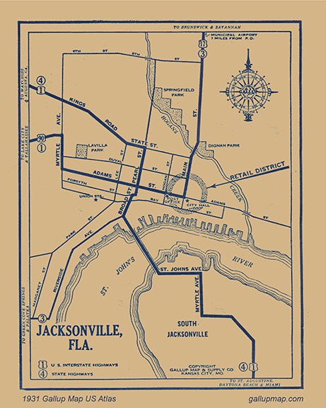 Antique/ Vintage Jacksonville Florida Map dated 1931