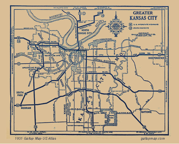 Antique/ Vintage Kansas City Missouri Map dated 1931