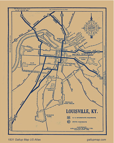 Antique/ Vintage Louisville Kentucky  Map dated 1931