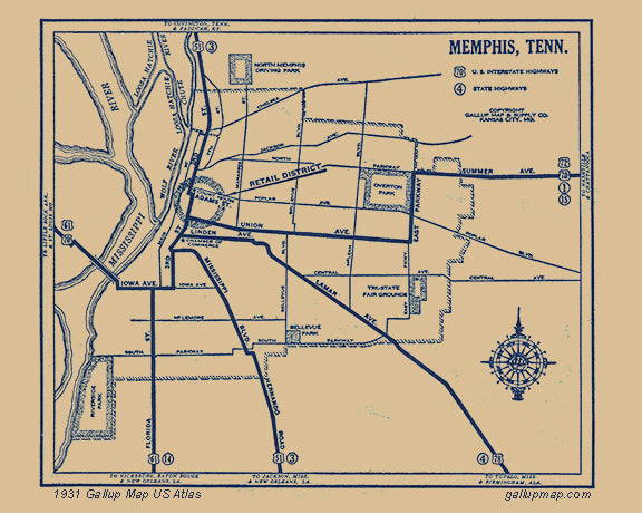 Antique/ Vintage Memphis Tennessee Map dated 1931