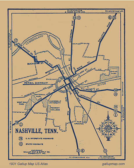 Antique/ Vintage Nashville Tennessee Map dated 1931