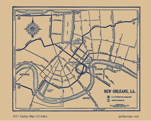 Antique/ Vintage New Orleans Louisiana Map dated 1931